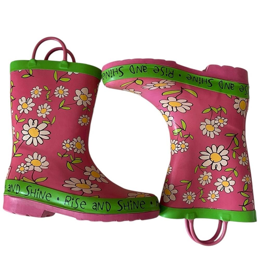 Lazy one Kids Rain Boots Daisy Pink Green Size 1 EUC
